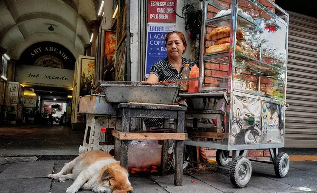 A street vendor grills meat for a Vietnamese Banh Mi sandwich in central Ho Chi Minh City, Vietnam, on Tuesday, April 29, 2025 ahead of the 50th anniversary of the end of the Vietnamese War. (AP Photo/Richard Vogel)