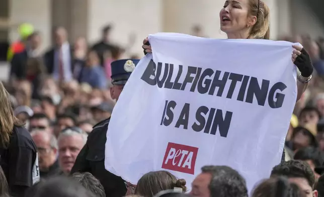 An activist from People for the Ethical Treatment of Animals, PETA, displays a banner during the Easter mass in St. Peter's Square at the Vatican Sunday, April 20, 2025. (AP Photo/Andrew Medichini)