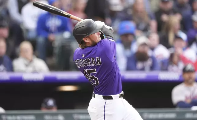 Colorado Rockies' Hunter Goodman follows the flight of his three-run home run off Atlanta Braves starting pitcher Bryce Elder in the first inning of a baseball game Monday, April 28, 2025, in Denver. (AP Photo/David Zalubowski)