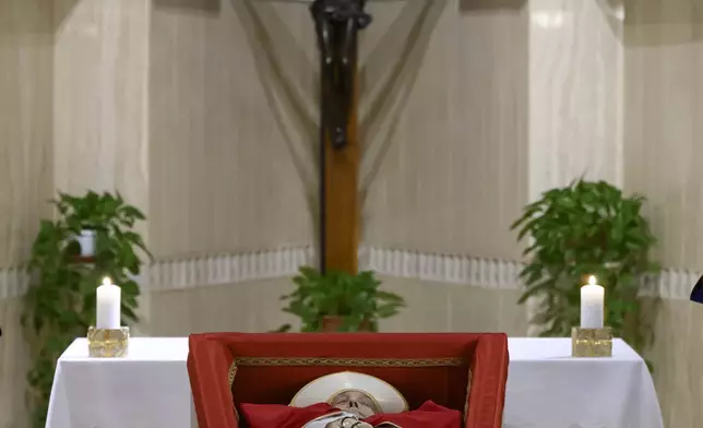 Pope Francis's body is laid out in state inside his private chapel at the Vatican, Monday, April 21, 2025. (Vatican Media via AP, HO)