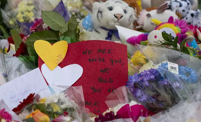 Messages of support and teddy bears are left at a memorial site for the victims of an incident where a car drove through a crowd killing multiple people in Vancouver, British Columbia, Monday, April 28, 2025. (Rich Lam/The Canadian Press via AP)