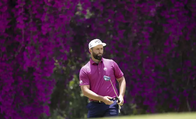 Captain Jon Rahm, of Legion XIII, watches his putt on the second green during the second round of LIV Golf Mexico City at Club de Golf Chapultepec, Saturday, April 26, 2025, in Naucalpan, Mexico. (Jon Ferrey/LIV Golf via AP)