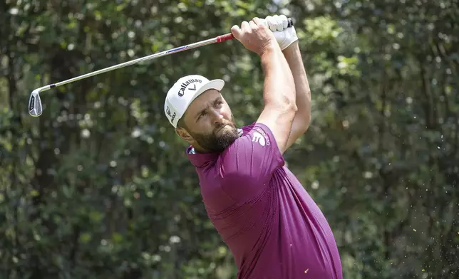Captain Jon Rahm, of Legion XIII, hits from the fourth tee during the second round of LIV Golf Mexico City at Club de Golf Chapultepec, Saturday, April 26, 2025, in Naucalpan, Mexico. (Jon Ferrey/LIV Golf via AP)