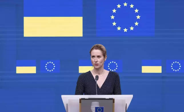 European Union foreign policy chief Kaja Kallas speaks during a press conference at the end of the EU-Ukraine Association Council at the European Council building in Brussels, Wednesday, April 9, 2025. (AP Photo/Omar Havana)