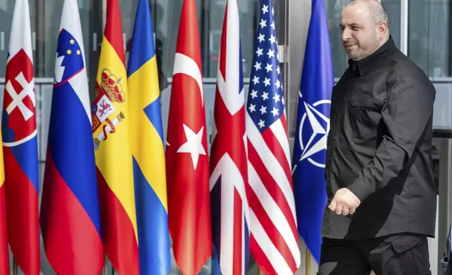 Ukraine's Defense Minister Rustem Umerov arrives for a coalition of the willing defence ministers meeting at NATO headquarters in Brussels, Belgium, Thursday, April 10, 2025. (AP Photo/Geert Vanden Wijngaert)