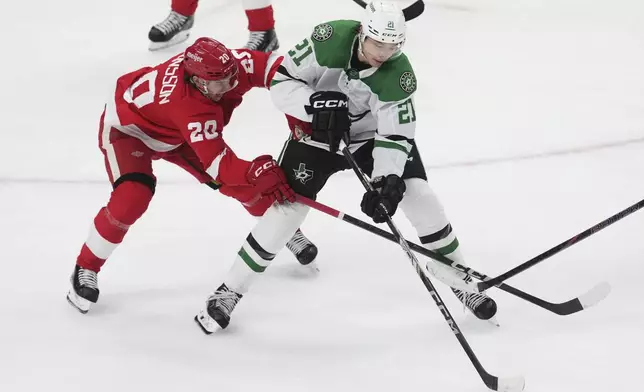 Dallas Stars left wing Jason Robertson (21) protects the puck from Detroit Red Wings defenseman Albert Johansson (20) in the second period of an NHL hockey game Monday, April 14, 2025, in Detroit. (AP Photo/Paul Sancya)