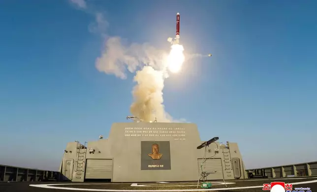 This photo provided by the North Korean government, shows what it says the test-firings, conducted on April 28 and April 29, 2025, of missiles from a newly launched destroyer " Choe Hyon " at an undisclosed place in North Korea. Independent journalists were not given access to cover the event depicted in this image distributed by the North Korean government. The content of this image is as provided and cannot be independently verified. Korean language watermark on image as provided by source reads: "KCNA" which is the abbreviation for Korean Central News Agency. (Korean Central News Agency/Korea News Service via AP)