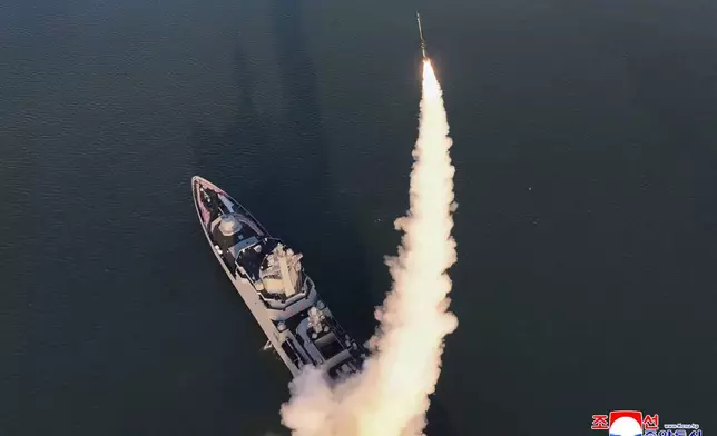 This photo provided by the North Korean government, shows what it says the test-firings, conducted on April 28 and April 29, 2025, of missiles from a newly launched destroyer " Choe Hyon " at an undisclosed place in North Korea. Independent journalists were not given access to cover the event depicted in this image distributed by the North Korean government. The content of this image is as provided and cannot be independently verified. Korean language watermark on image as provided by source reads: "KCNA" which is the abbreviation for Korean Central News Agency. (Korean Central News Agency/Korea News Service via AP)