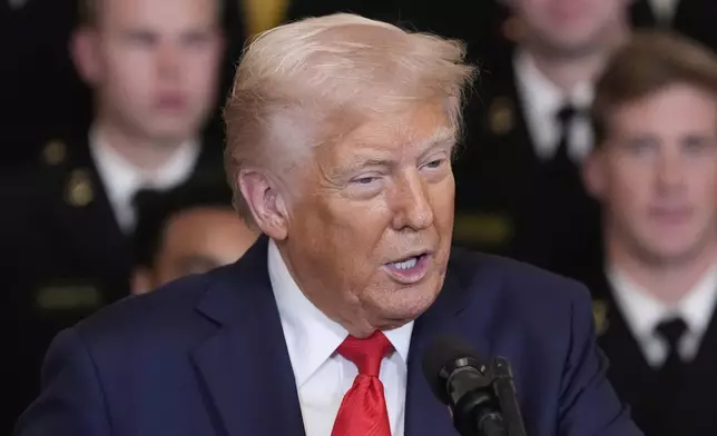 President Donald Trump speaks during the Commander-in-Chief trophy presentation to the Navy Midshipman football team in the East Room of the White House, Tuesday, April 15, 2025, in Washington. (AP Photo/Alex Brandon)