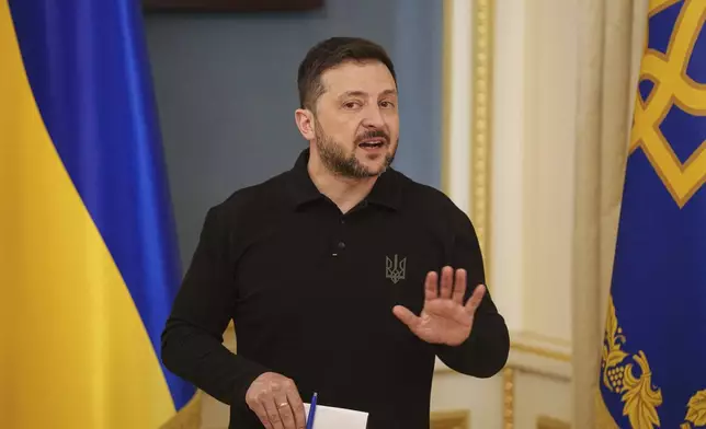 Ukrainian President Volodymyr Zelenskyy speaks during a press conference in Kyiv, Ukraine, on Tuesday, April 22, 2025. (AP Photo/Evgeniy Maloletka)