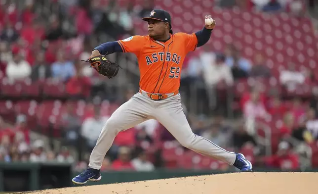 Houston Astros starting pitcher Framber Valdez throws during the first inning of a baseball game against the St. Louis Cardinals Monday, April 14, 2025, in St. Louis. (AP Photo/Jeff Roberson)