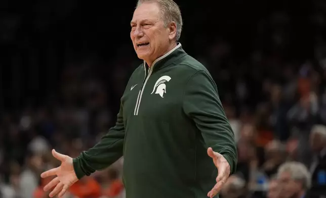Michigan State head coach Tom Izzo reacts to play against Auburn during the second half in the Elite Eight of the NCAA college basketball tournament, Sunday, March 30, 2025, in Atlanta. (AP Photo/George Walker IV)
