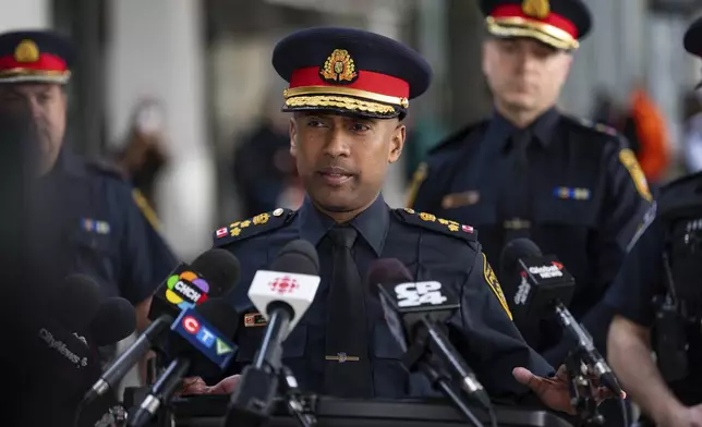 Chief of Peel Regional Police Nishan Duraiappah speaks to the media near the scene of a police-involved shooting at the departures area of terminal 1 at Toronto Pearson International Airport, in Mississauga, Ontario, Canada, Thursday, April 24, 2025. (Arlyn McAdorey/The Canadian Press via AP)