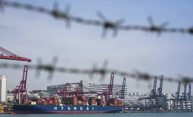 Container ship is docked at Kwai Chung Container terminal in Hong Kong, Tuesday, Apr. 8, 2025. (AP Photo/Chan Long Hei)