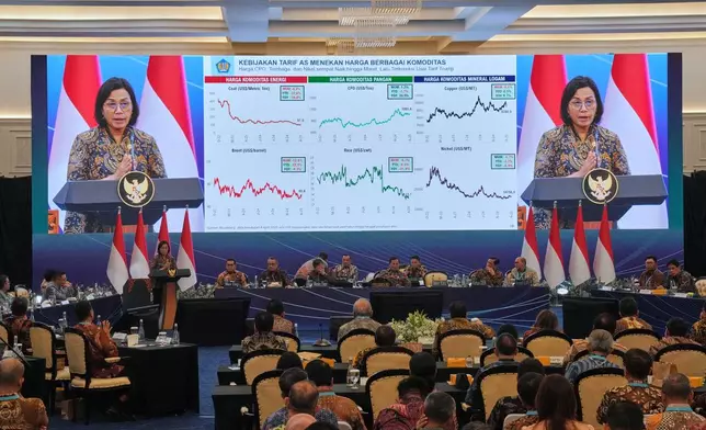 Indonesian Finance Minister Sri Mulyani Indrawati delivers a speech as commodity prices are displayed on the screen during an event called Economic Gathering with the President of the Republic of Indonesia, in Jakarta, Indonesia, Tuesday, April 8, 2025. (AP Photo/Dita Alangkara)