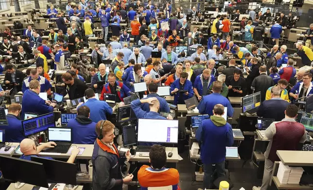 Traders work on the options trading floor at the Cboe Global Markets in Chicago, Tuesday, April 8, 2025. (AP Photo/Nam Y. Huh)