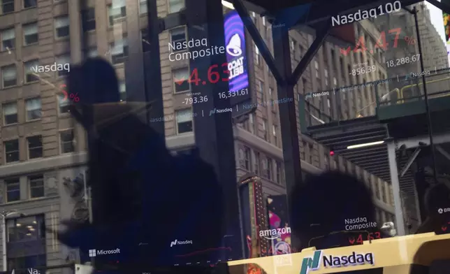 Stock prices are displayed at the Nasdaq MarketSite, Thursday, April 10, 2025, in New York. (AP Photo/Yuki Iwamura)