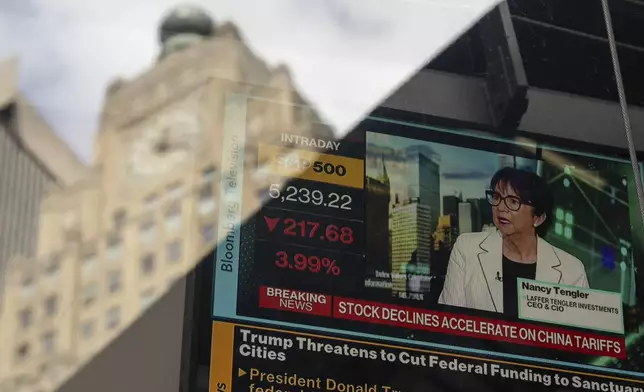 Screen shows a news about stock market at the Nasdaq MarketSite, Thursday, April 10, 2025, in New York. (AP Photo/Yuki Iwamura)