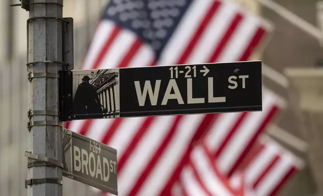 Wall St sign is seen outside the New York Stock Exchange, Thursday, April 10, 2025, in New York. (AP Photo/Yuki Iwamura)