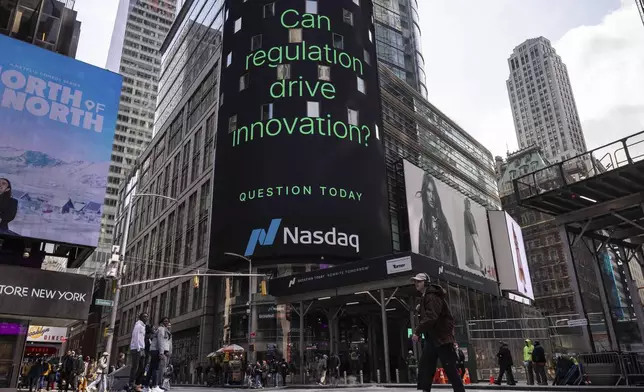 A general view shows the Nasdaq MarketSite, Thursday, April 10, 2025, in New York. (AP Photo/Yuki Iwamura)