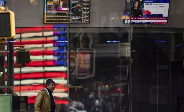 A screen shows S&amp;P 500 price at the Nasdaq MarketSite, Thursday, April 10, 2025, in New York. (AP Photo/Yuki Iwamura)