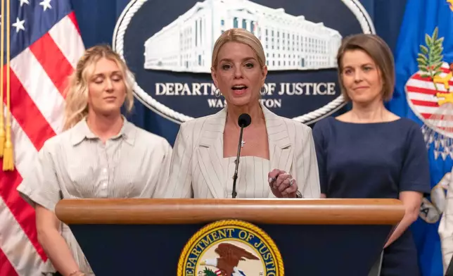 Attorney General Pam Bondi speaks during a news conference at the Department of Justice headquarters in Washington, Wednesday, April 16, 2025. (AP Photo/Jose Luis Magana)