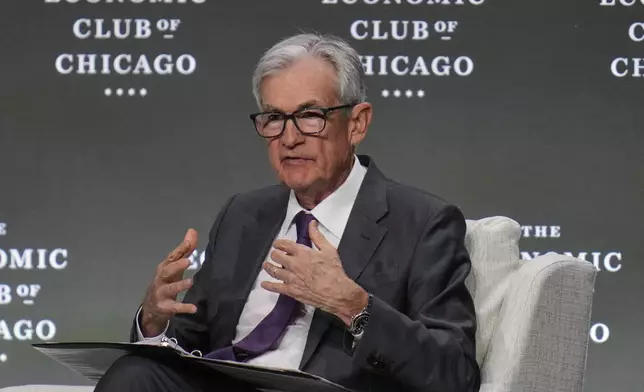 Chair of the Board of Governors of the Federal Reserve System Jerome Powell speaks during an event hosted by the Economic Club of Chicago, Wednesday, April 16, 2025, in Chicago. (AP Photo/Erin Hooley)