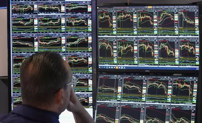 Specialist Anthony Matesic works at his post on the floor of the New York Stock Exchange, Wednesday, April 16, 2025. (AP Photo/Richard Drew)