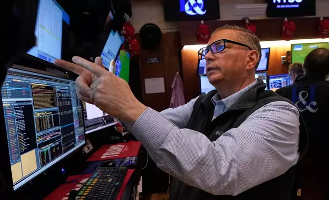 Trader Jonathan Mueller works on the floor of the New York Stock Exchange, Wednesday, April 16, 2025. (AP Photo/Richard Drew)