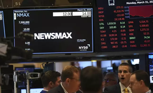 A display shows a Newsmax logo on the day of their IPO on the floor at the New York Stock Exchange in New York, Monday, March 31, 2025. (AP Photo/Seth Wenig)