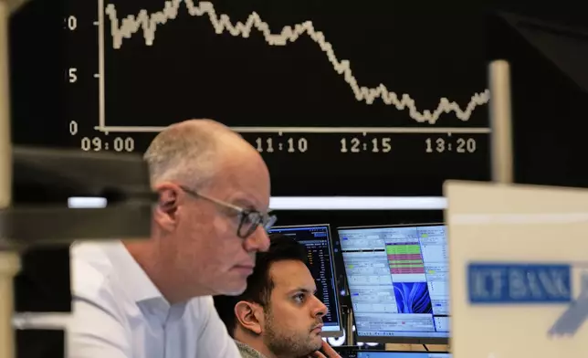 Brokers watch their screens at the stock market in Frankfurt, Germany, Monday, March 31, 2025. (AP Photo/Michael Probst)