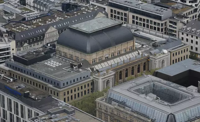 The stock market building is pictured downtown in Frankfurt, Germany, Wednesday, April 16, 2025. (AP Photo/Matthias Schrader)