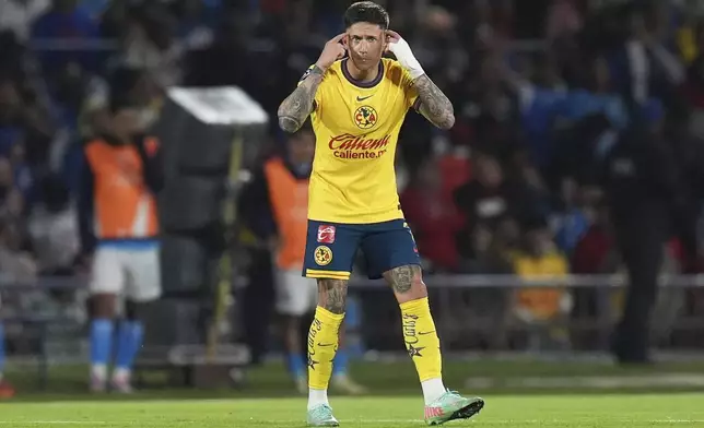 Brian Rodriguez of Mexico's America gestures during a CONCACAF Champions Cup second leg quarterfinal soccer match against Mexico's Cruz Azul, in Mexico City, Tuesday, April 8, 2025. (AP Photo/Eduardo Verdugo)
