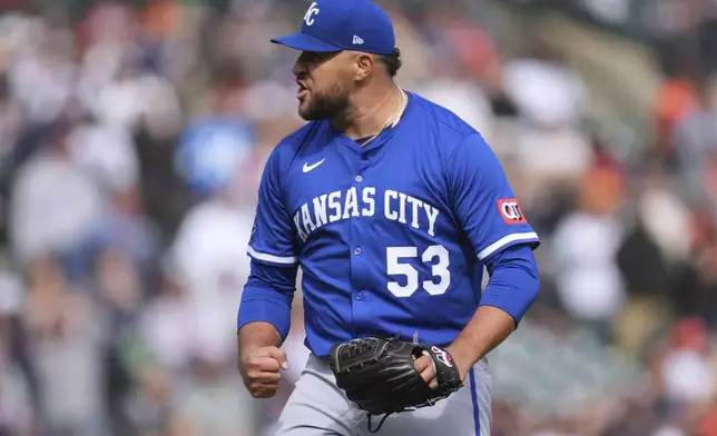 Kansas City Royals pitcher Carlos EstÈvez reacts after the final out against the Detroit Tigers in the tenth inning during a baseball game, Sunday, April 20, 2025, in Detroit. (AP Photo/Paul Sancya)