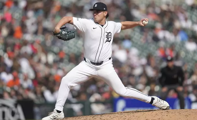 Detroit Tigers pitcher Tyler Holton throws against the Kansas City Royals in the ninth inning during a baseball game, Sunday, April 20, 2025, in Detroit. (AP Photo/Paul Sancya)