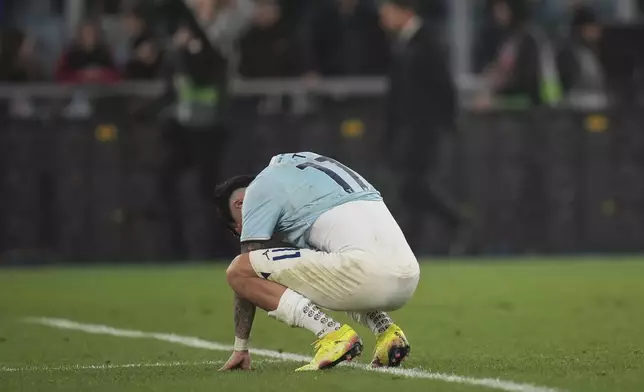 Lazio's Taty Castellanos reacts after a miss during penalty shootout during the Europe League quarter final second leg match between Lazio and Bodo Glimt in Rome, Italy, Thursday, April 17, 2025. (AP Photo/Alessandra Tarantino)