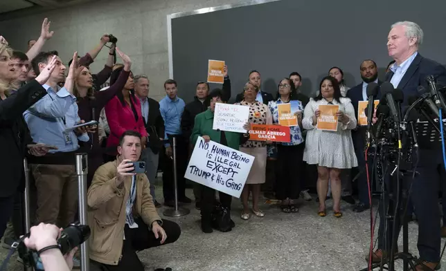 Sen. Chris Van Hollen, D-Md., speaks during a news conference upon his arrival from meeting with Kilmar Abrego Garcia in El Salvador, at Washington Dulles International Airport, in Chantilly, Va., Friday, April 18, 2025. (AP Photo/Jose Luis Magana)