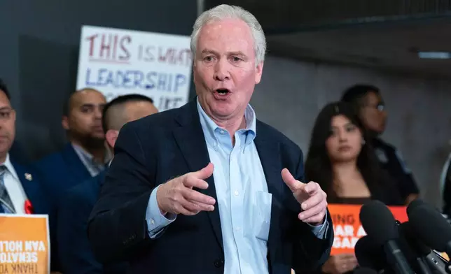 Sen. Chris Van Hollen, D-Md., during a news conference upon his arrival from meeting with Kilmar Abrego Garcia in El Salvador, at Washington Dulles International Airport, in Chantilly, Va., Friday, April 18, 2025. (AP Photo/Jose Luis Magana)