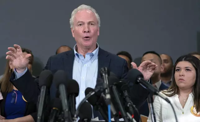 Sen. Chris Van Hollen, D-Md., speaks during a news conference upon his arrival from meeting with Kilmar Abrego Garcia in El Salvador, at Washington Dulles International Airport, in Chantilly, Va., Friday, April 18, 2025. (AP Photo/Jose Luis Magana)