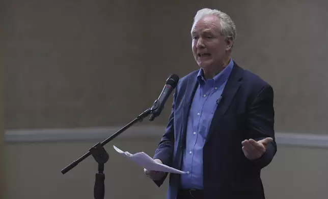 Maryland Sen. Chris Van Hollen speaks to the press in San Salvador, El Salvador, where he arrived regarding Kilmar Abrego Garcia, a Salvadoran citizen who was living in Maryland and deported to El Salvador by the Trump administration, Thursday, April 17, 2025. (AP Photo/Salvador Melendez)