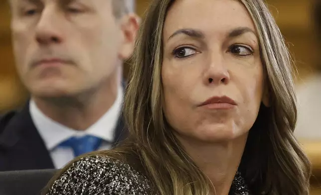 Karen Rad listens to prosecutor Hank Brennan during her second trial for the 2022 death of her boyfriend John O'Keefe on Wednesday, April 16, 2025 in Dedham, Mass. (Greg Derr/The Patriot Ledger via AP, Pool)