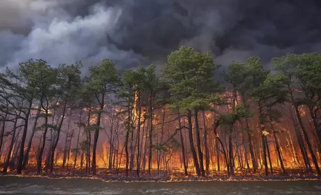 Smoke fills the sky from a wildfire in Lacey Townships, N.J. on Tuesday, April 22, 2025. (New Jersey Department of Environmental Protection via AP)