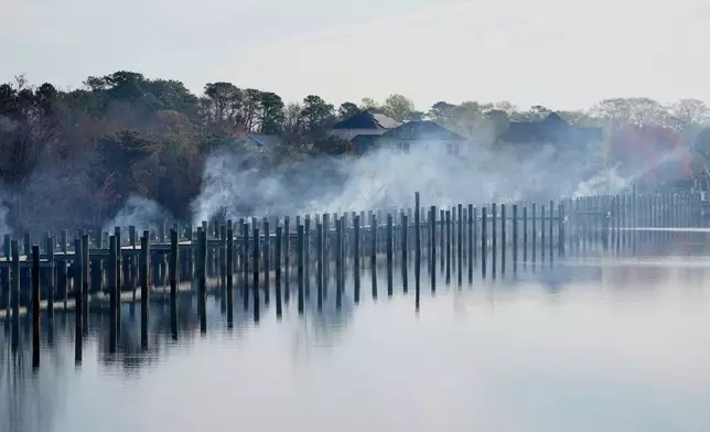 Damage from a wildfire is seen Wednesday, April 23, 2025, in Lacey Township, N.J. (AP Photo/Matt Slocum)