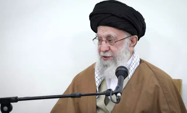 In this photo released by an official website of the office of the Iranian supreme leader, Supreme Leader Ayatollah Ali Khamenei speaks in a meeting with a group of top officials, in Tehran, Iran, Tuesday, April 15, 2025. (Office of the Iranian Supreme Leader via AP)