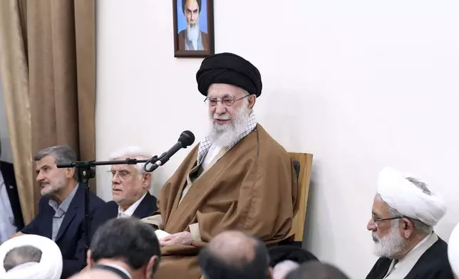 In this photo released by the official website of the office of the Iranian supreme leader, Supreme Leader Ayatollah Ali Khamenei speaks in a meeting with a group of top officials, in Tehran, Iran, Tuesday, April 15, 2025. (Office of the Iranian Supreme Leader via AP)