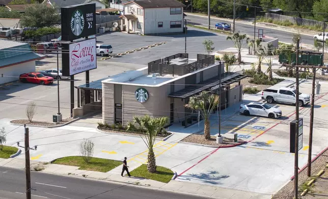 An aerial view shows a 3D printed Starbucks building Monday, April 28, 2025, in Brownsville, Texas. (AP Photo/Michael Gonzalez)