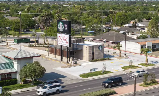 An aerial view shows a 3D printed Starbucks building Monday, April 28, 2025, in Brownsville, Texas. (AP Photo/Michael Gonzalez)