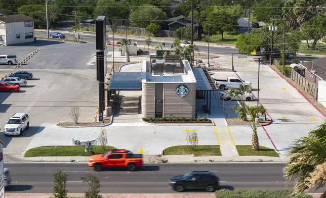 An aerial view shows a 3D printed Starbucks building Monday, April 28, 2025, in Brownsville, Texas. (AP Photo/Michael Gonzalez)