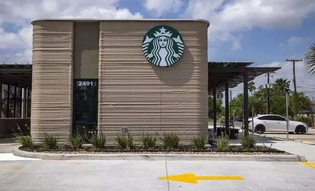 A general view shows a 3D printed Starbucks building Monday, April 28, 2025, in Brownsville, Texas. (AP Photo/Michael Gonzalez)
