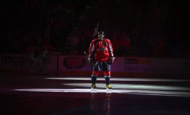 Washington Capitals left wing Alex Ovechkin stands on the ice before Game 1 of a first-round NHL hockey playoff series against the Montreal Canadiens, Monday, April 21, 2025, in Washington. (AP Photo/Nick Wass)